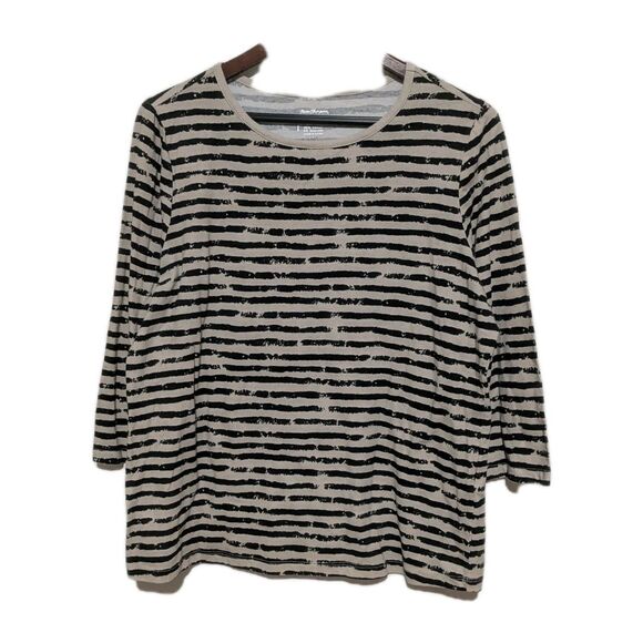 Norm Thompson Prima Womens 3/4 Sleeve Painted Striped Shirt Top L Tan Black - Picture 1 of 4